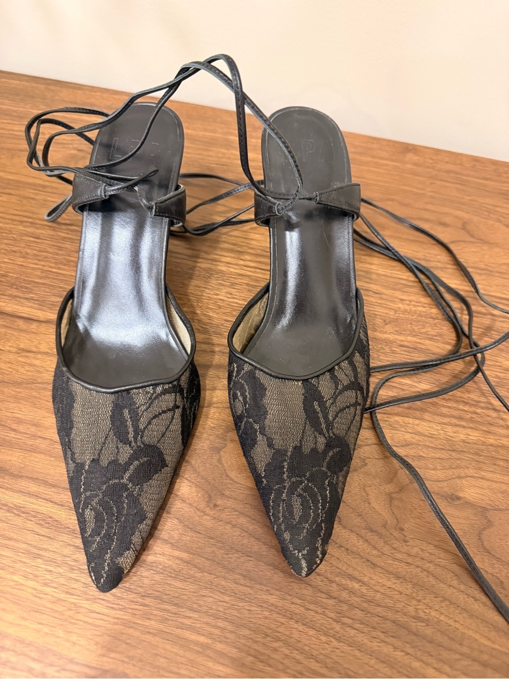 LPA Black Lace-Overlay Pointed-Toe Tie-Ankle Heels